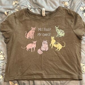 Graphic Cat Print Crop Top - Olive